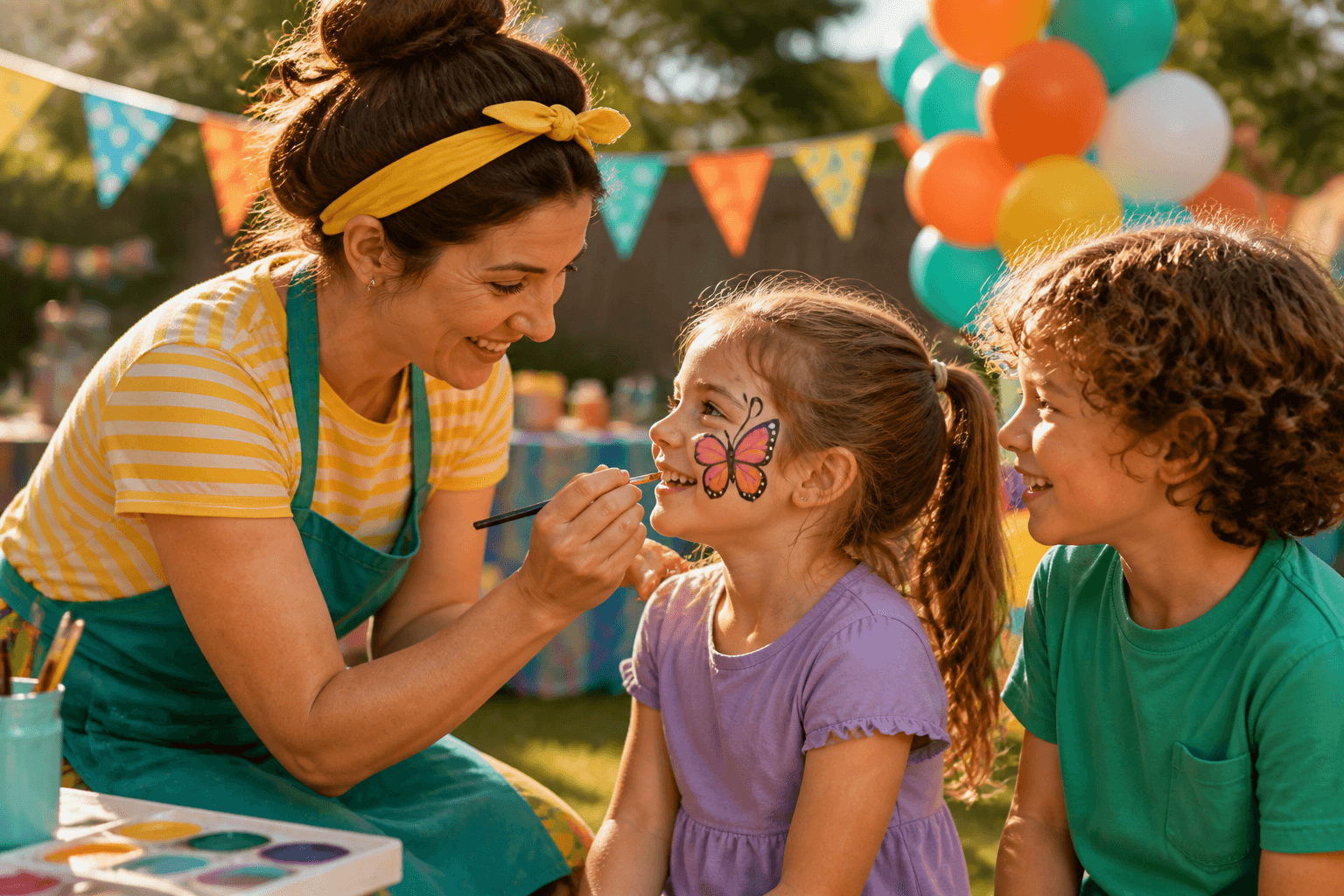 A face painter creating a butterfly design at a children's party