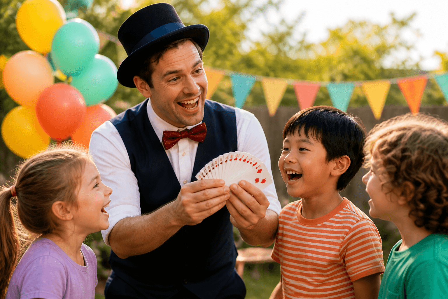 A magician performing for children at a backyard party